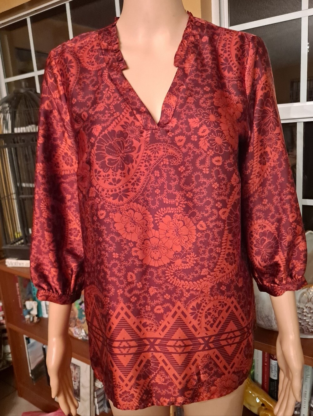 Liz Claiborne Red Paisley V-Neck Satin Blouse